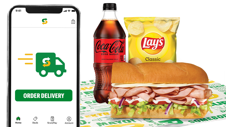 Phone with mobile app, sub, chips and drink next to it.